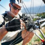 Gear check. Shot of a cyclist checking the gears on his bike
