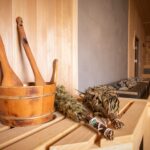 Sauna accessories detail bucket birch broom spoon